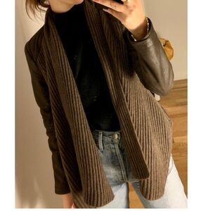 Vince Brown Leather Yak Wool Knit Draped Waterfall Open Front Jacket Sz XS